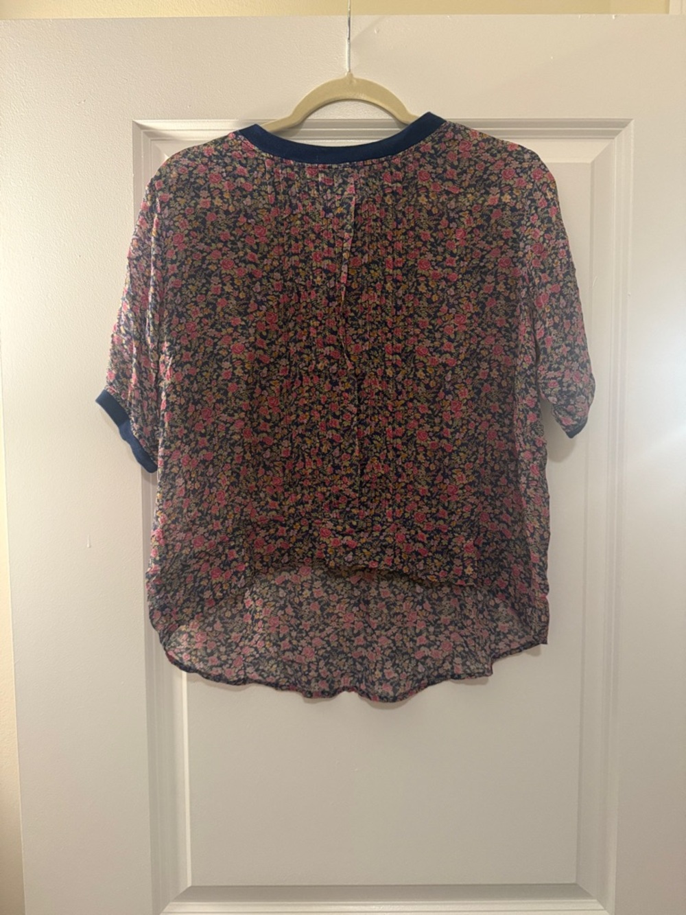 Floral Short-Sleeve Blouse with Navy Trim - Pink/Green Floral